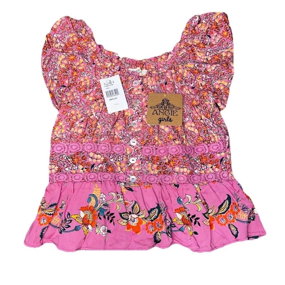 Angie Pink Bohemian Button Ruffle Blouse Girls Medium NWT
